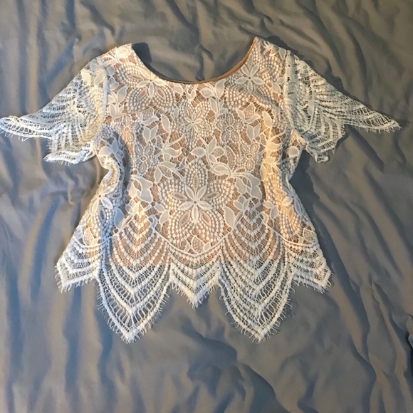 Express Tops - White eyelash lace top with nude lining